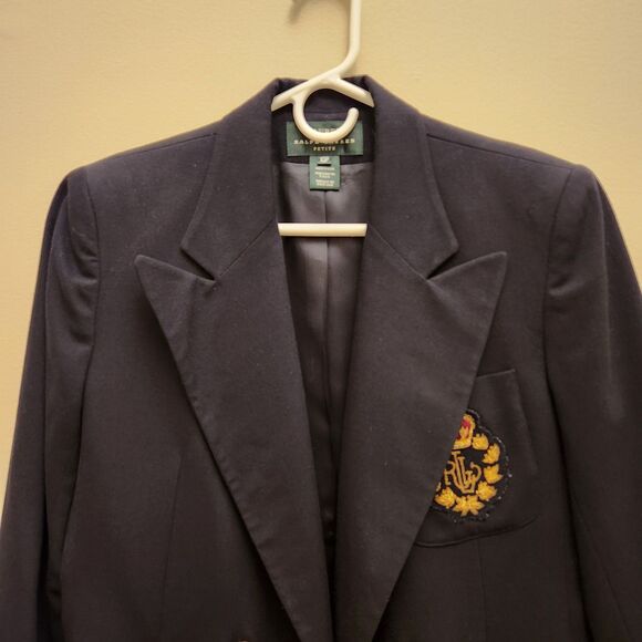 Vtg Ralph Lauren Worsted Wool Royal Crown Crest Navy Double-Breasted Blazer - Picture 11 of 15